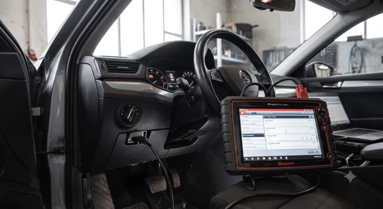 Tester diagnostyczny podłączony do gniazda OBD2 we wnętrzu samochodu na stanowisku naprawczym