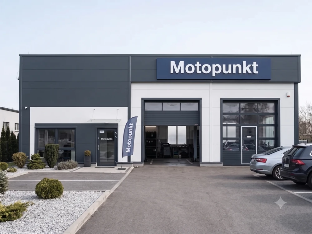 Nowoczesny i czysty budynek warsztatu samochodowego Motopunkt z widokiem na stanowiska serwisowe. Na elewacji znajduje się widoczny szyld firmy, a przed wjazdem zaparkowane są auta klientów.