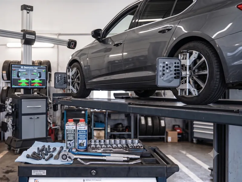 Auto na podnośniku z założonymi głowicami do geometrii 3D i widocznym ekranem pomiarowym